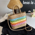 Bolso capazo de paja con rayas de colores arcoíris y correa de hombro para vacaciones - Caqui