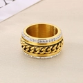 Goud vergulde roestvrijstalen brede ring met draaibare Cubaanse ketting en kristallen - US 7 / Dubbele Rij Zirkonia (KR35928-K)