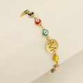 Golden Evil Eye bracelet with colorful enamel beads and letter M engraved pendant - Letter M