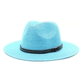 Detail of teal straw fedora hat featuring a black studded band with a golden buckle - Lake Blue