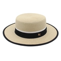 Close-up of beige boater hat with black and white ribbon and gold metal M letter - M (56-58cm) / Beige