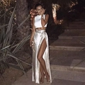 Elegante set met witte crop top en zilveren metallic maxi-rok met een hoge split - S / Wit