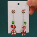 Festive candy cane Christmas earrings with red and green beads on a jewelry card - Candy Beaded Earrings (9918)