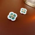 Macro detail of vintage floral stud earrings featuring green enamel and pearl clusters - Gold Flower Style (9#)