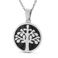 Silver and black stainless steel tree of life pendant necklace with enamel finish - Silver Black Base Round Leaf Tree Of Life Style (KP49218-K)