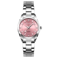 Women's silver quartz watch with a pink dial and diamond markers on a white background - Pink