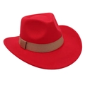 Detail of red wool felt cowboy hat featuring a wide brim and brown grosgrain ribbon band - One Size / Red