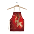 Red Christmas linen apron featuring golden glitter reindeer silhouettes and holiday text - Red Gold Glitter Reindeer (WQ01-22)