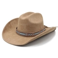 Ethnic style dark khaki suede western cowboy hat with decorative geometric patterned band - M (56-57cm) / Camel