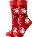 Chaussettes de Noël rouges en coton avec motifs de Père Noël festif et de feuilles de houx - Père Noël Rouge