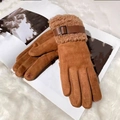 Winter faux suede gloves in caramel brown with faux fur trim and adjustable buckle strap - Belt Buckle Style / Caramel color