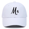 Close-up of high-quality black Mr. letter embroidery on a white cotton baseball cap - Adjustable / White MR