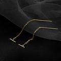 Macro shot of minimalist gold long tassel earrings with geometric bar and delicate O-chain - Minimalist Geometric Long Ear Thread (75#) / Gold