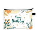 White canvas pouch with orange and blue floral pattern and Happy Birthday script text - Orange Blue Floral Wavy Edge Style (16)