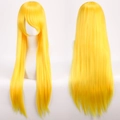 Dettaglio fronte e retro della parrucca cosplay gialla liscia da 80 cm su manichino - Giallo