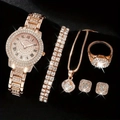 Luxury rose gold 5pcs set featuring a crystal quartz watch and matching jewelry - Rose Gold Luxury 5-Piece Set / Rose Gold