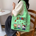 Green checkered canvas tote bag with kawaii cartoon animals and artistic lettering - Green Plaid Kawaii Pets