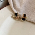 Close-up of cat-shaped leopard print earrings with gold metal edges and rhinestones - 13# Leopard Cat Shape Rhinestone Studs (Silver Pin-Gold-Coffee-Cat)