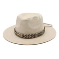 Ethnic straw sun hat with colorful woven band and wide brim for outdoor beach sun protection - M (56-58cm) / Rice Pink