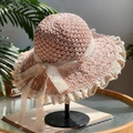 Pink handmade crochet straw sun hat with cream lace brim and delicate bow ribbon tie - L (58-60cm) / Scalloped Lace Shell Pink