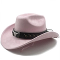 Detailed close-up of pink suede cowboy hat featuring a silver bull head metal ornament - M (56-58cm) / Pink (Suede)