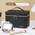 Black cross-grain PU makeup bag with built-in LED mirror and dual gold zippers - Large (23X17X15cm) / Elegant Black