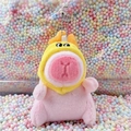 Pink plush capybara keychain with yellow headgear on colorful foam background - Dragon Horn Hat Pink + Bead Chain