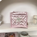 Pink quilted storage basket with lace bow detail and heart pattern on a white shelf - Heart Pink