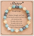 Natural stone friendship bracelet with silver heart charm on Sister message card - Blue Jade Elastic Style + Heart + Card