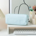 Blue and white striped seersucker pencil case with mint green zipper for desk storage - Lake Blue Stripe