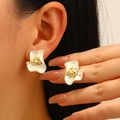 Vintage matte petal earrings with irregular wave design and bicolor gold bead accents - Irregular Wave Gold Bead Stud Style (DZ-213)