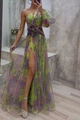 Detail of floral print maxi dress featuring one-shoulder design and 3D flower waist detail - S / Green