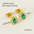 Oval stainless steel stud earrings in gold with a green zircon and small crystals - Green