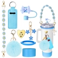 Set de accesorios celeste para vaso Stanley con correa floral y funda para bálsamo labial - Juego de 8 Piezas 8-Lazo Azul Claro