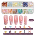 Macro view of 12-grid nail art crystal set with various AB rhinestones and pearls - Mini Aurora Rhinestone (12TZ-13)