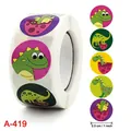Roll of 1-inch cute dinosaur stickers for kids reward in vibrant colors and fun poses - Style A-419 Dinosaur Paradise