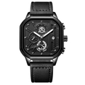 Men's waterproof watch with black square dial and leather strap in professional view - 628 Black Case Silver Marker Leather Strap (Functional Chronograph)