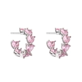 Detail of silver C-shaped hoop earrings featuring six claw-set pink heart cubic zirconia - C-Shaped Hoop Earrings / Silver Base Pink Zirconia 1 Pair