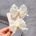 Pair of white lace bow hair clips for girls with floral patterns and satin ribbons - Off-White Lace Bow Pair