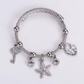 Silver woven stainless steel bracelet with key, starfish, heart lock and crystal charms - Five Charms Woven Style / Silver Tone