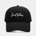 Classic black baseball cap with white Good Vibes embroidery in casual streetwear style - Adjustable / Black