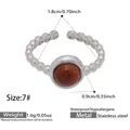 Silver beaded stainless steel open ring featuring a round brown goldstone gem size 7 - Size 7 / Goldstone Beaded Style (Y176)-Silver