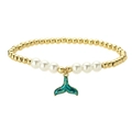 Bracciale oceanico con perle dorate, perle bianche e ciondolo a coda di pesce in smalto blu - Perline Dorate Perla Bianca con Ciondolo a Coda di Pesce con Paillettes Blu-Verde