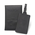 Black PU leather passport cover and luggage tag set with embossed world map design - Set / Black