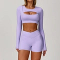 Lavender purple yoga set featuring hollow-out long sleeve top and crossover waist shorts - S / Top And Bottom / Long Sleeve + Shorts / Lilac Purple