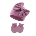 Detail showing knit texture of newborn baby bow hat and matching scratch mittens - Antique Purple