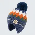 Kids colorful dinosaur pattern knit hat with blue faux fur pom and ear flaps - Color-blocked Rhombus / Navy Blue