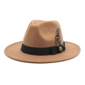 Detailed view of camel wool fedora hat featuring black ribbon and spotted feather accent - M (56-58cm) / Khaki
