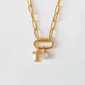 14K gold plated stainless steel initial T necklace with round crystal pendant detail. - Letter T