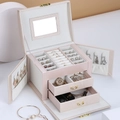 Luxurious multi-layer pearlescent pink leather jewelry box with mirror and drawers - Medium (Butterfly Double-Open) - Nude Pink